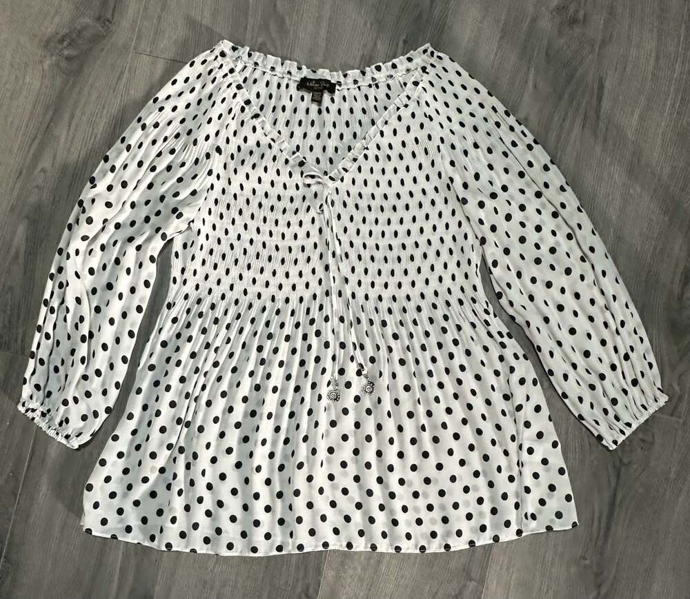 Melissa Paige Blouse Size PM/PM White Black Polka Dot Long Sleeve